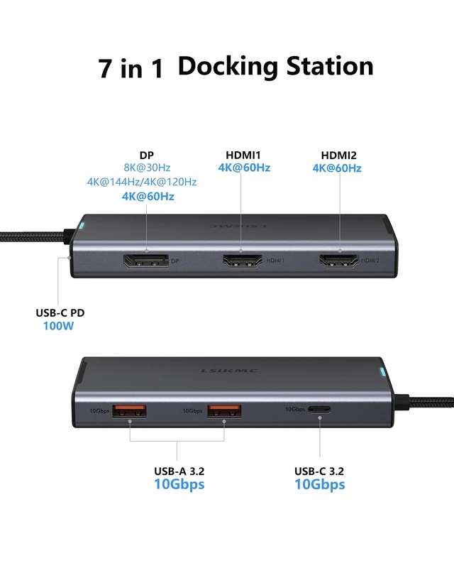 Alt view image 2 of 5 - Docking Station 3 Monitors, 7 in 1 USB-C Docking Station with Dual HDMI 4K@60Hz & Single DisplayPort (8K@30Hz/ 4K@144Hz), 100W PD, 10Gbps 3X USB, USB C Hub Compatible with Dell/HP/Lenovo and