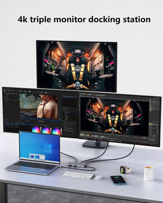 Alt view image 4 of 5 - Docking Station 3 Monitors, 7 in 1 USB-C Docking Station with Dual HDMI 4K@60Hz & Single DisplayPort (8K@30Hz/ 4K@144Hz), 100W PD, 10Gbps 3X USB, USB C Hub Compatible with Dell/HP/Lenovo and