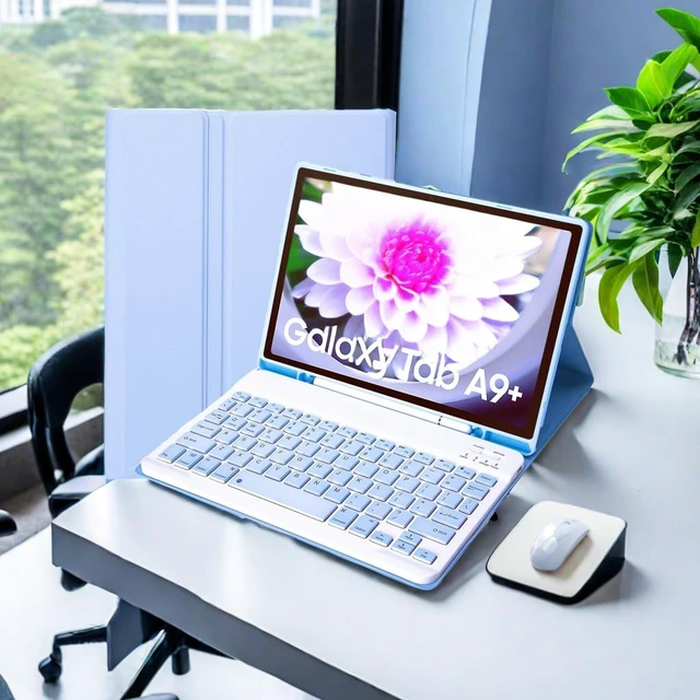 Alt view image 4 of 5 - Lrufodya Keyboard Case with Pen Slot for Galaxy Tab A9 Plus 2023 / A9+ 5G 11 Inch (SM-X210/X216/X218) Folio Tablet Cover with Magnetic Detachable Wireless Keyboard Multi-Angle Stand (Ice Blue)