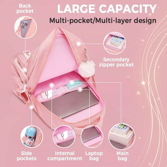 Alt view image 3 of 5 - MININAI Cute Backpack for Kids Teen Girls Boys Large Kawaii Aesthetic Elementary Middle School Student Bookbag Preppy Laptop Backpack for Ages 6-8 8-10 10-12 with Pin Accessories Plush Pendant, Black
