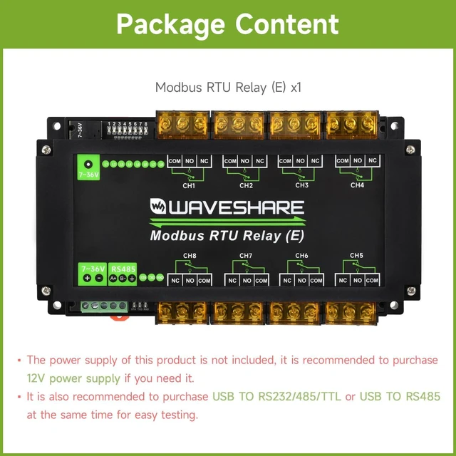 Alt view image 2 of 5 - Waveshare Industrial Modbus RTU 8-ch Relay Module (E) with RS485, High Current, Multi Isolation Protection, Optocoupler Isolation, Flyback Diode Protection, Rail-Mounted Case.