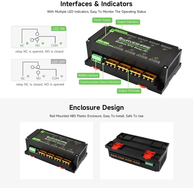 Alt view image 5 of 5 - Waveshare Industrial Modbus RTU 8-ch Relay Module (E) with RS485, High Current, Multi Isolation Protection, Optocoupler Isolation, Flyback Diode Protection, Rail-Mounted Case.
