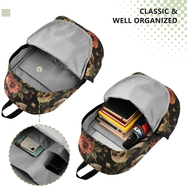 Alt view image 4 of 5 - ALAZA Retro Skull Flowers Backpack Laptop Notebook Bag College Bag Bookbag Casual Travel Trip Daypack for Women Men Fits 15.6 Laptop