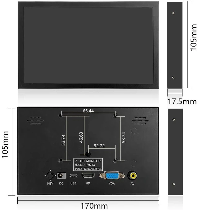Alt view image 5 of 5 - HD 7 Inch Mini Monitor HDMI, Portable Vga Monitor with AV BNC 1024600 LCD Screen with Built-in Speakers, 178 View Angle IPS, Multi-Function Small Display for Raspberry Pi PC/TV/DVD/CVBS EM713-D