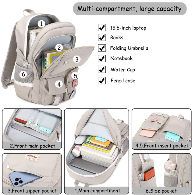Alt view image 4 of 5 - Makukke School Backpacks for Teen Girls - Laptop Backpacks 15.6 Inch College Cute Bookbag Anti Theft Women Casual Daypack,Gray