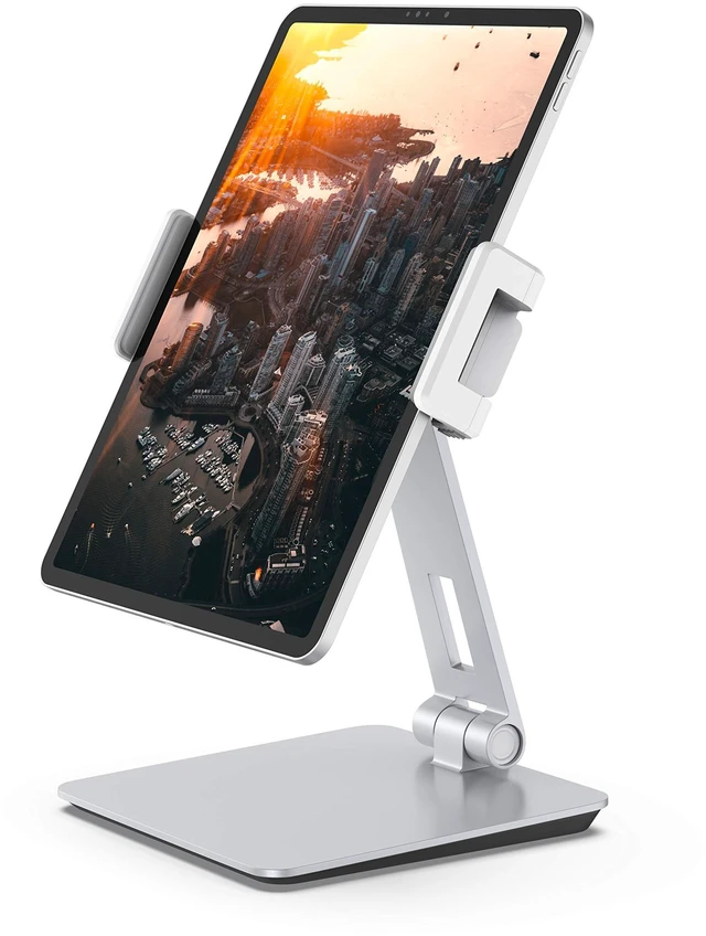 Main image of Maxonar Tablet Stand for Desk, 360 Adjustable Aluminum Alloy Swivel iPad Charging Tablet, iPad Pro Air Mini Tablet Holder for Bed Store POS Showcase Kitchen Office Drawing Desktop (6-13''), Silver