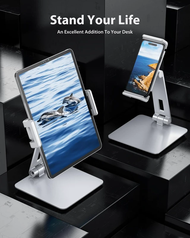 Alt view image 2 of 5 - Maxonar Tablet Stand for Desk, 360 Adjustable Aluminum Alloy Swivel iPad Charging Tablet, iPad Pro Air Mini Tablet Holder for Bed Store POS Showcase Kitchen Office Drawing Desktop (6-13''), Silver