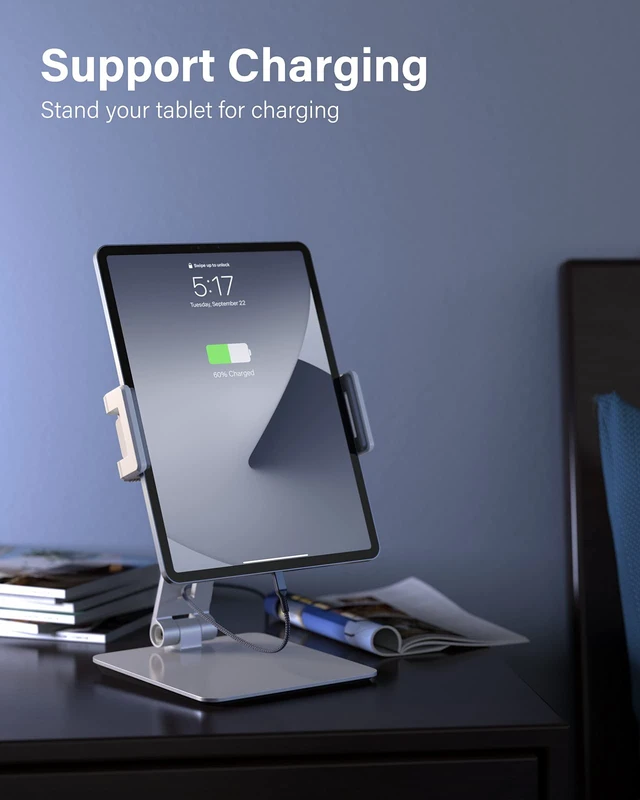 Alt view image 3 of 5 - Maxonar Tablet Stand for Desk, 360 Adjustable Aluminum Alloy Swivel iPad Charging Tablet, iPad Pro Air Mini Tablet Holder for Bed Store POS Showcase Kitchen Office Drawing Desktop (6-13''), Silver