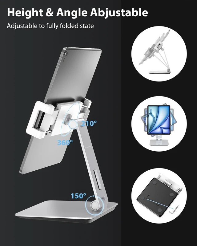 Alt view image 5 of 5 - Maxonar Tablet Stand for Desk, 360 Adjustable Aluminum Alloy Swivel iPad Charging Tablet, iPad Pro Air Mini Tablet Holder for Bed Store POS Showcase Kitchen Office Drawing Desktop (6-13''), Silver