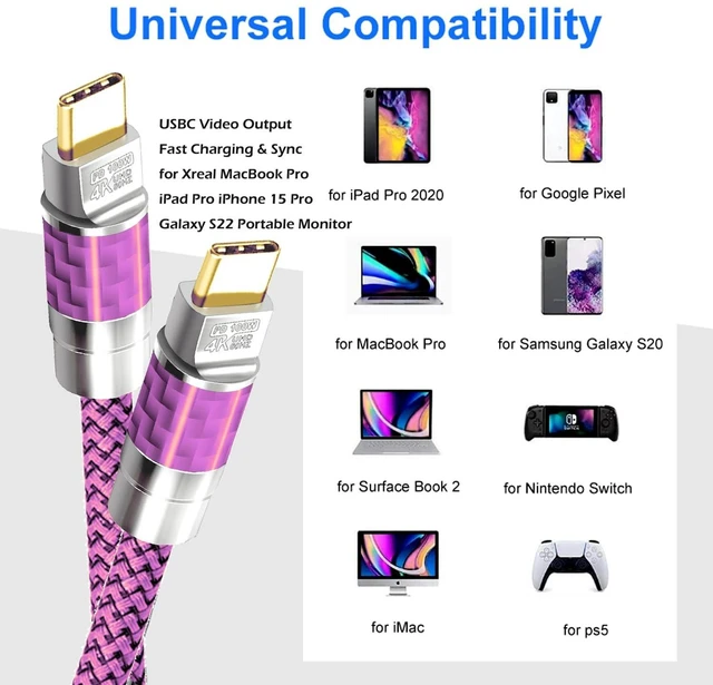 Alt view image 3 of 5 - USB C to C Cable 20FT,100W 4K60HZ Type C GEN2x2(Data usb3.1),USB C Video Output From USB3.2/ USB4.0 Fast Charging & Sync for Xreal MacBook Pro iPad Pro iPhone 15 Pro Galaxy S22 Portable Monitor