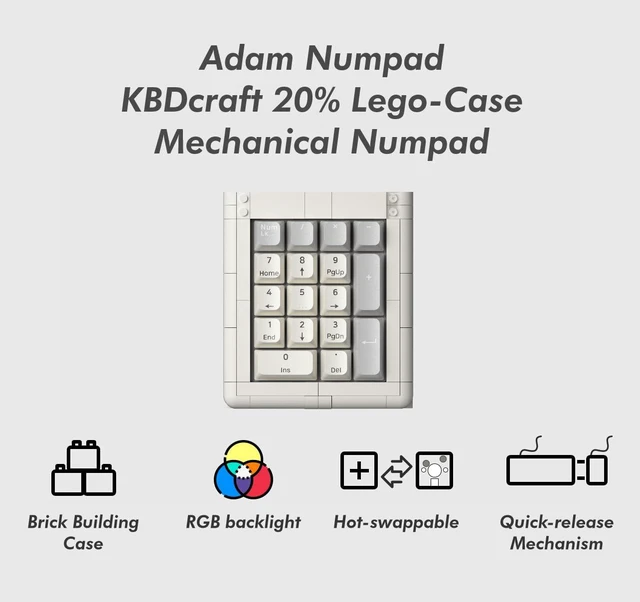 Alt view image 2 of 5 - KBDcraft 01Adam 20% Numpad, 17-Key, Lego-Compatible Case, PBT Keycaps, Gasket Mount, Hot-swappable, Wired, Linear Switch, RGB, QMK, Vial for Win/Mac, Full Kit, White