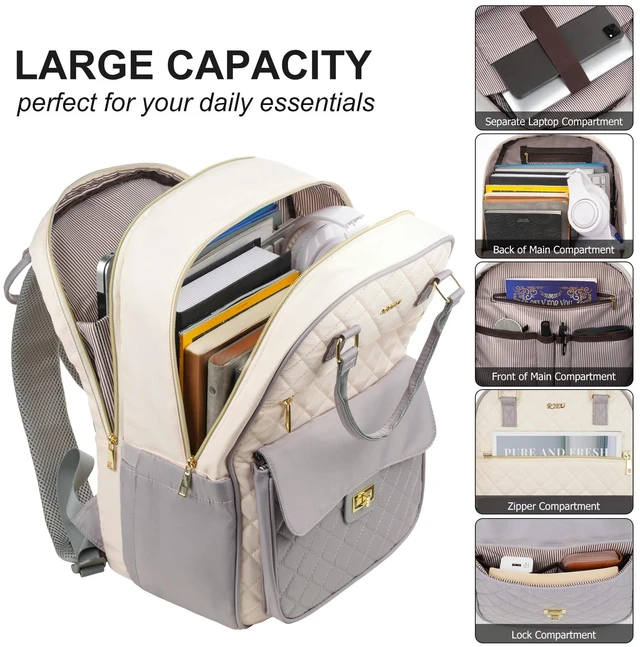 Alt view image 2 of 5 - RJEU Teen Girls School Backpack,15.6in Laptop Bag for Women,Big Schoolbag for Travel Work Nurse Teacher Uni,Gray-Beige