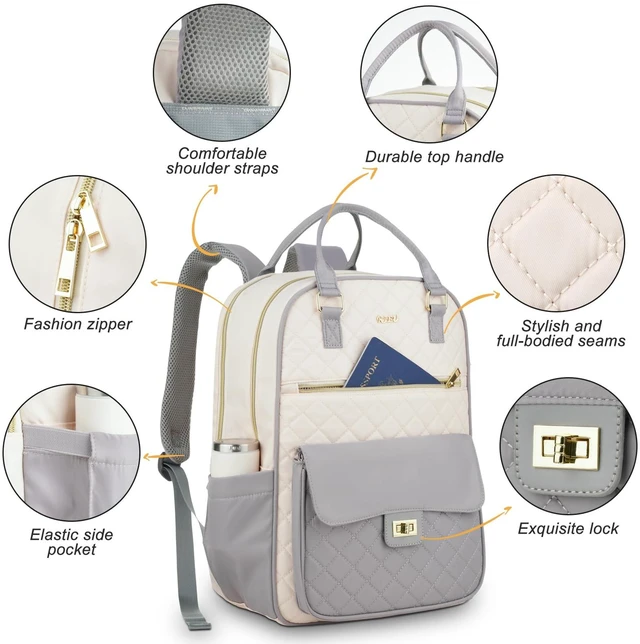 Alt view image 3 of 5 - RJEU Teen Girls School Backpack,15.6in Laptop Bag for Women,Big Schoolbag for Travel Work Nurse Teacher Uni,Gray-Beige