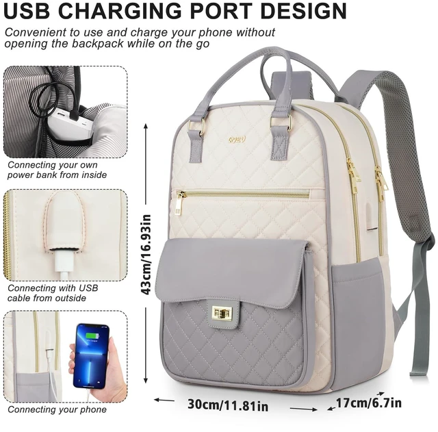Alt view image 4 of 5 - RJEU Teen Girls School Backpack,15.6in Laptop Bag for Women,Big Schoolbag for Travel Work Nurse Teacher Uni,Gray-Beige