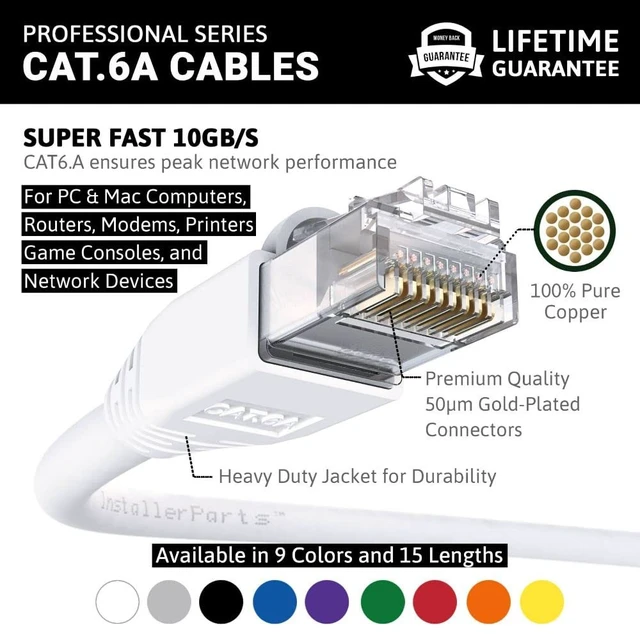 Alt view image 2 of 5 - InstallerParts (10 Pack Ethernet Cable CAT6A Cable UTP Booted 1 FT - White - Professional Series - 10Gigabit/Sec Network/High Speed Internet Cable, 550MHZ