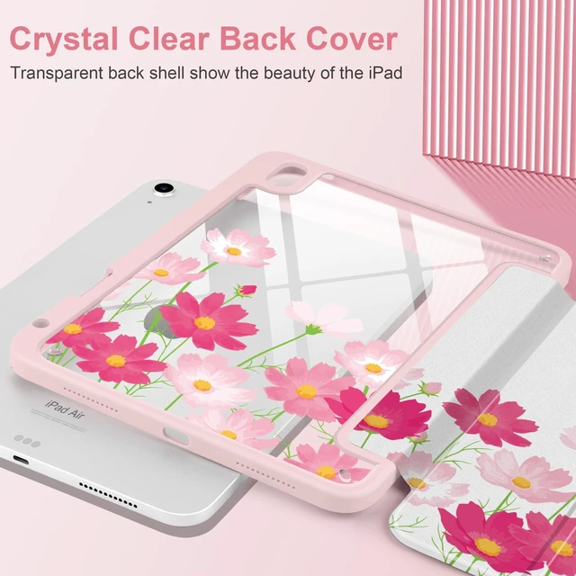 Alt view image 4 of 5 - MEEgoodo Case for iPad Air 11 inch M4 2026/M3 2025/M2 2024, for iPad Air 5th/4th Generation Case 10.9 inch 2022/2020, Tablet Cover with Acrylic Transparent Back Shell, Bright Pink Flowers