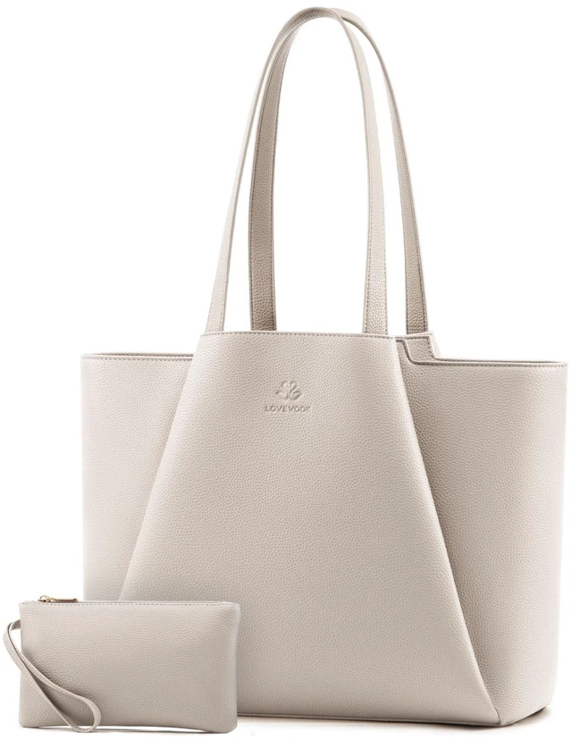 Main image of LOVEVOOK Laptop Tote for Women - 15.6 Inch Faux Leather Laptop Bag with Clutch, Large Capacity Office Purse for Casual Business Travel, Off White