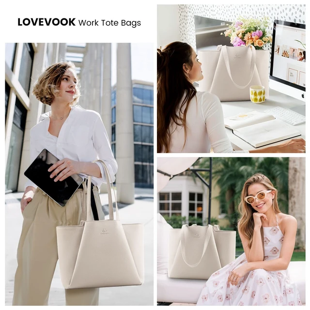 Alt view image 2 of 5 - LOVEVOOK Laptop Tote for Women - 15.6 Inch Faux Leather Laptop Bag with Clutch, Large Capacity Office Purse for Casual Business Travel, Off White