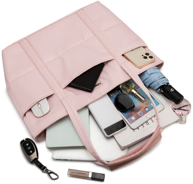 Alt view image 2 of 5 - Kinmac Computer Tote Bag for Women, Large Capacity Laptop Tote Handbag for Work Office Travel (Pink Grid)