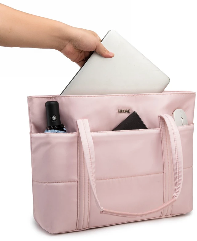 Alt view image 3 of 5 - Kinmac Computer Tote Bag for Women, Large Capacity Laptop Tote Handbag for Work Office Travel (Pink Grid)