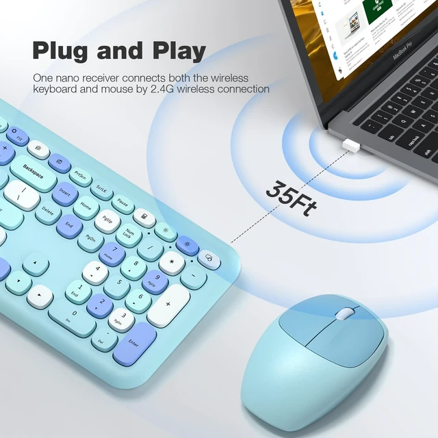 Alt view image 2 of 5 - KNOWSQT Wireless Keyboard and Mouse Combo, Pale Blue Full-Sized 2.4G Silent Keycap Colorful Keyboards, USB Dongle Plug Play, Laptop, Windows, PC, Mac, Desktop