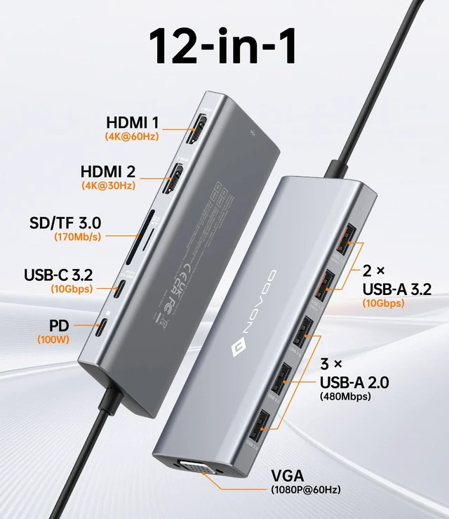 Alt view image 2 of 5 - NOVOO 12-in-1 Docking Station Dual Monitor, USB C Hub with HDMI 4K, VGA