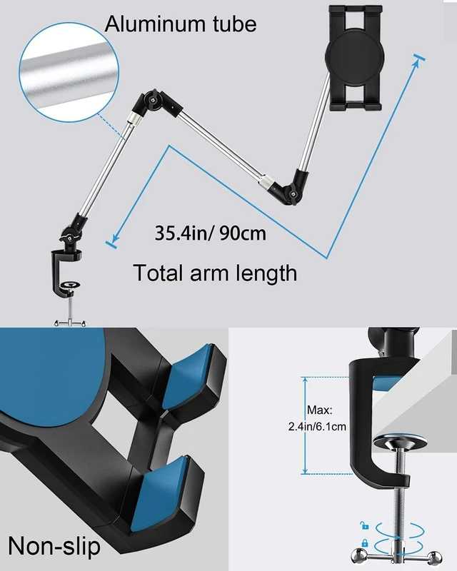 Alt view image 5 of 5 - woleyi Adjustable Tablet Mount Holder, Aluminum 35" Desk/Bed Clamp Tablet Stand with Foldable 360 Swivel Arm, for iPad Pro Air Mini, Galaxy Tabs, Z Fold, iPhone, Switch, Fire HD, 4.7-13" Devices