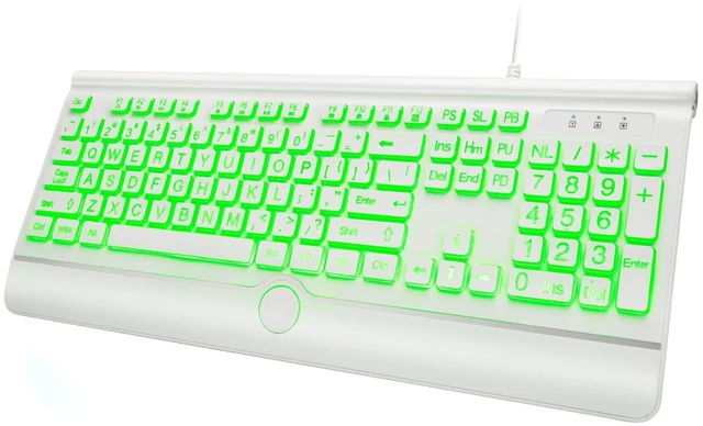 Main image of KOPJIPPOM USB Wired Keyboard with Large Print Backlit Keys, 7 Color LED Backlight, Ergonomic Wrist Rest, Spill-Resistant Design, Full-Size Computer Keyboard with Number Pad, for PC Desktop Laptop