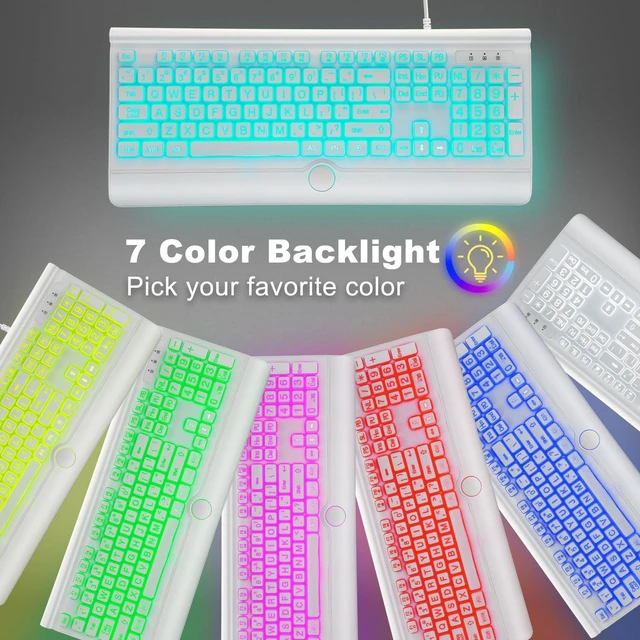Alt view image 2 of 5 - KOPJIPPOM USB Wired Keyboard with Large Print Backlit Keys, 7 Color LED Backlight, Ergonomic Wrist Rest, Spill-Resistant Design, Full-Size Computer Keyboard with Number Pad, for PC Desktop Laptop