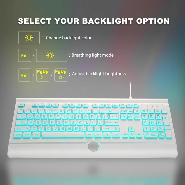 Alt view image 5 of 5 - KOPJIPPOM USB Wired Keyboard with Large Print Backlit Keys, 7 Color LED Backlight, Ergonomic Wrist Rest, Spill-Resistant Design, Full-Size Computer Keyboard with Number Pad, for PC Desktop Laptop