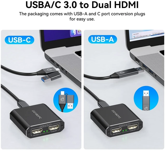 Alt view image 3 of 5 - USB A/C to Dual HDMI Adapter Extended Display for Dual Monitor, USB A & USB C to Dual HDMI Splitter Display 3 Separate Screens for Windows, MacOS (Drivers Install Need, Output1 4K30Hz Output2 1080p)