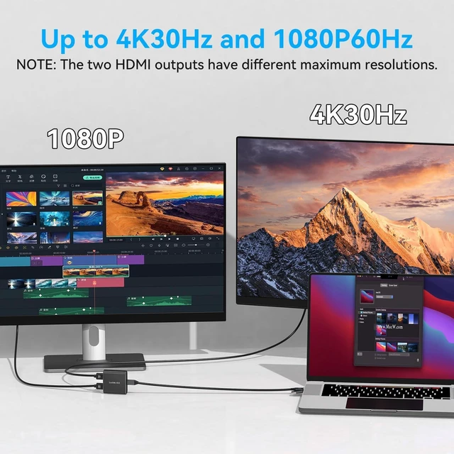 Alt view image 4 of 5 - USB A/C to Dual HDMI Adapter Extended Display for Dual Monitor, USB A & USB C to Dual HDMI Splitter Display 3 Separate Screens for Windows, MacOS (Drivers Install Need, Output1 4K30Hz Output2 1080p)