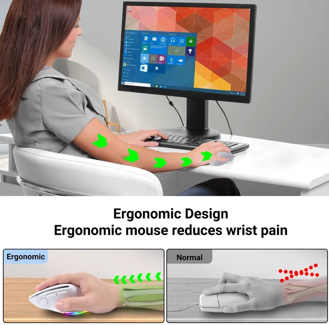 Alt view image 3 of 5 - Ergonomic Mouse Jiggler,Bluetooth Vertical Wireless Mouse,LED Rechargeable Optical Computer Mice, Portable(BT5.2 or USB 2.4GHz) Dual Mode,1000/1600/2400 DPI,8 Buttons for Laptop,PC,Macbook (whi