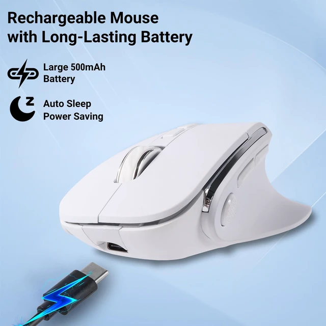 Alt view image 5 of 5 - Ergonomic Mouse Jiggler,Bluetooth Vertical Wireless Mouse,LED Rechargeable Optical Computer Mice, Portable(BT5.2 or USB 2.4GHz) Dual Mode,1000/1600/2400 DPI,8 Buttons for Laptop,PC,Macbook (whi