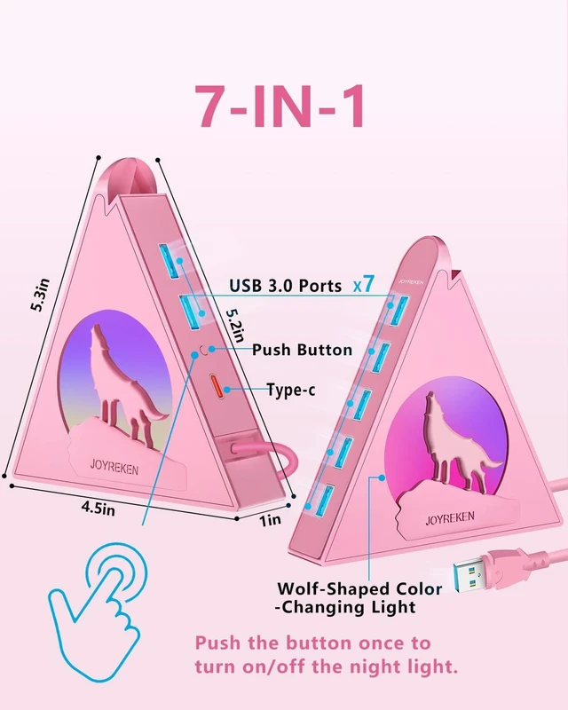 Alt view image 2 of 5 - 7 Port USB 3.0 Hub,Pink USB Hub with Wolf Shaped RGB Night Light, 2ft Long Cable and Pink Base,for Laptop, PC, Flash Drive, HDD, Console, Printer, Keyborad, Mouse and More(Charging Not Supported)