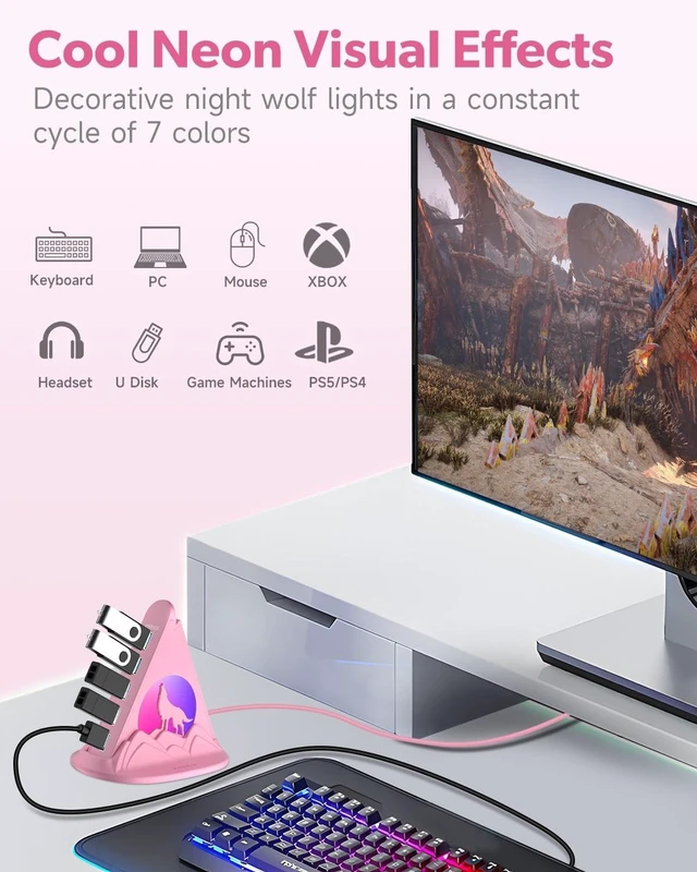 Alt view image 5 of 5 - 7 Port USB 3.0 Hub,Pink USB Hub with Wolf Shaped RGB Night Light, 2ft Long Cable and Pink Base,for Laptop, PC, Flash Drive, HDD, Console, Printer, Keyborad, Mouse and More(Charging Not Supported)