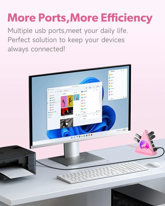 Alt view image 4 of 5 - 7 Port USB 3.0 Hub,Pink USB Hub with Wolf Shaped RGB Night Light, 2ft Long Cable and Pink Base,for Laptop, PC, Flash Drive, HDD, Console, Printer, Keyborad, Mouse and More(Charging Not Supported)