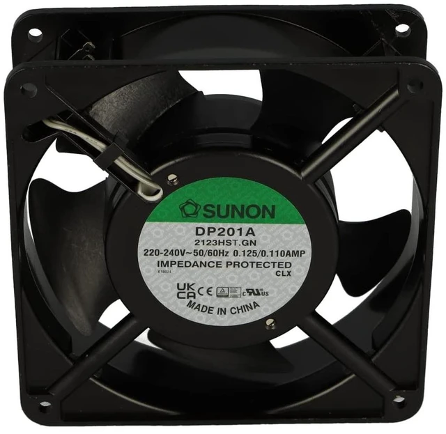 Main image of SUNON DP201A-2123HST.GN 120MM, 220-240V; NOMINAL RATED VOLTAGE AC:220V TO 240V; FAN FRAME TYPE:SQUARE; FAN FRAME SIZE:120MM; EXTERNAL DEPTH:38MM; BEARING TYPE:SLEEVE BEARING; AIR FLOW - CFM:105CFM; NO