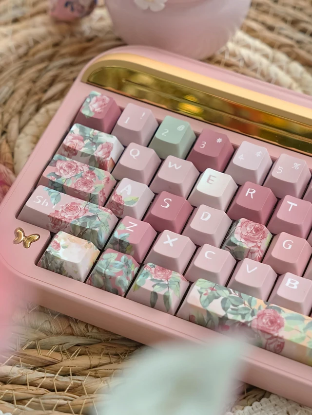 Alt view image 2 of 4 - kakiwutj Pink Rose Keycaps Cherry Profile PBT Keycaps for 60% 65% 75% Mechanical Keyboards Dye Sub Full Size 128 Keys for MX Switches Custom Gaming Keyboard