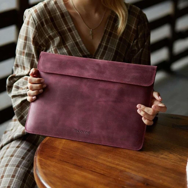 Alt view image 4 of 5 - Leather Laptop Case Made for MacBook Pro 14 Sleeve Carrying Protective Cases Compatible with MacBook Pro 14" M1 M2 M3 M4 Max A2442 A2779 A2992 A2918 A3402 2024 2025 Genuine Vintage Leather, Burgundy