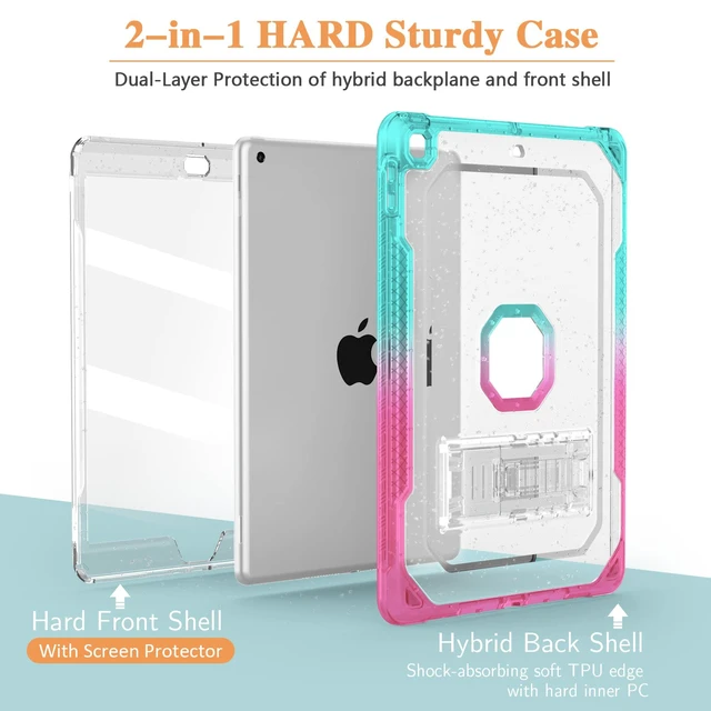 Alt view image 3 of 5 - ZoneFoker Case for iPad Air 2 Case, for iPad 6th/5th Generation 2018/2017, for Apple iPad 9.7 inch with Screen Protector/Stand,Clear Glitter Full-Body Coverage Slim Cover for Girls Women (Pink+Teal)