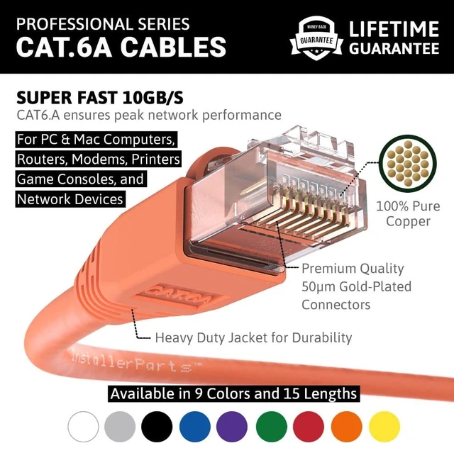 Alt view image 2 of 5 - InstallerParts Ethernet Cable CAT6A Cable UTP Booted 35 FT - Orange - Professional Series - 10Gigabit/Sec Network/High Speed Internet Cable, 550MHZ