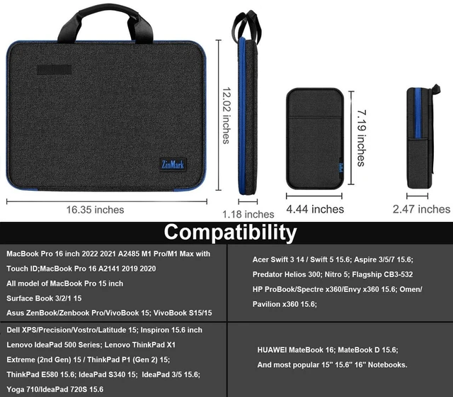 Alt view image 3 of 5 - Laptop Case 15.6 Inch Briefcase Military-Grade Protection with Detachable Belt Bag, Compatible All Model of 15-16 Inch MacBook Pro and Most Popular 15.6 Inch Notebooks Chromebooks (Black Blue)