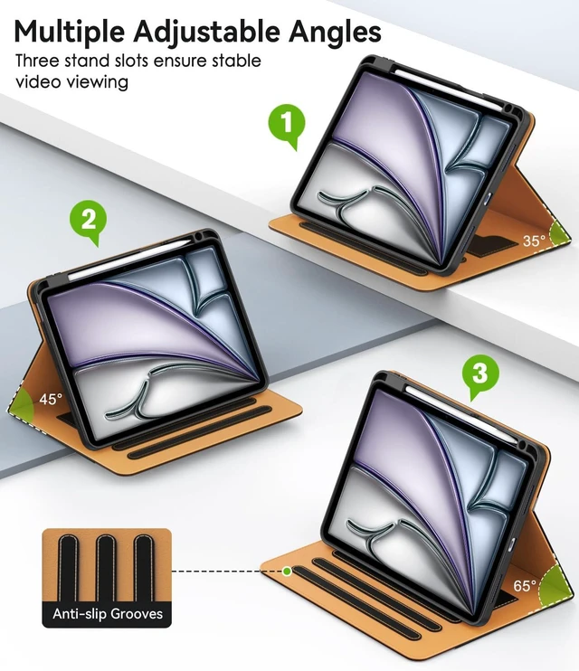 Alt view image 3 of 5 - ZoneFoker Premium Leather Folio Case for iPad Air 10.9 inch 2022/2020 - Black+Brown, Multi-Angle Viewing Stand, Apple Pencil Holder