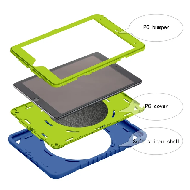 Alt view image 3 of 5 - XZC iPad 9th/ 8th/ 7th Generation Case (iPad 10.2 Case 2021/2020/2019) Heavy Duty Shockproof Rugged Cover with Rotating Stand/Pencil Holder/Carrying Shoulder Strap (Blue and Green)