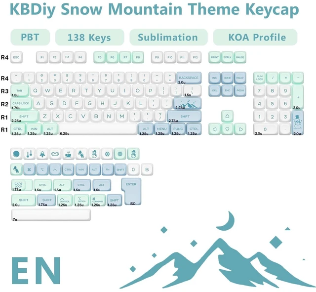 Alt view image 2 of 5 - YMKPVR KBDiy Snow Mountain KOA Profile Keycaps Set,Dye-Sublimation PBT Blue Custom Keyboard Keycap,138 Keys Cap Set for Cherry Gateron MX Switches Mechanical