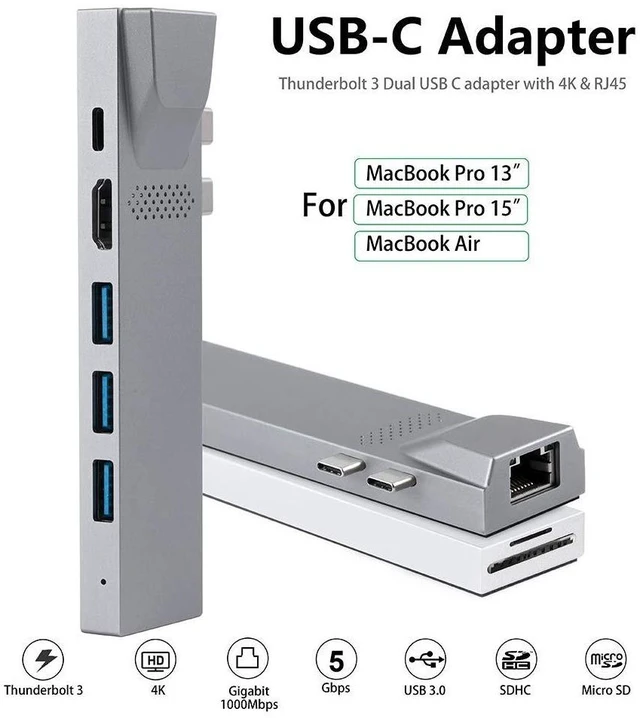 Alt view image 4 of 5 - USB C Hub for MacBook, 8-in-1 Docking Station Adapter with 4K HDMI, Gigabit Ethernet, 3 USB 3.0 Ports, 100W PD, SD/MicroSD Card Reader, Thunderbolt 3, USB-C Ports, Compatibility with MacBook Pro/Air