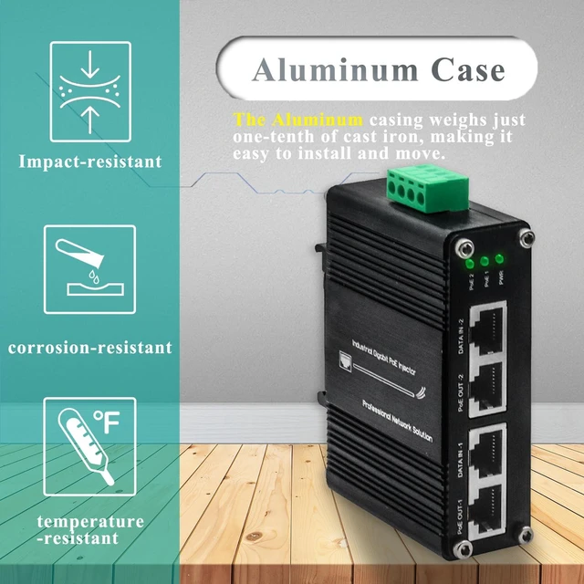 Alt view image 3 of 5 - xoxnikior Industrial 2-Port Gigabit PoE+ Injector, 60W 802.3at, DIN Rail