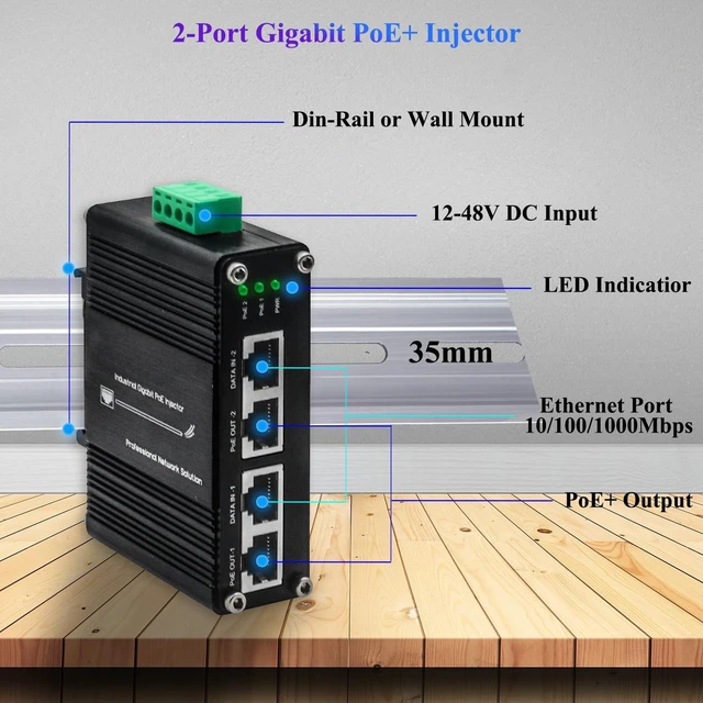 Alt view image 4 of 5 - xoxnikior Industrial 2-Port Gigabit PoE+ Injector, 60W 802.3at, DIN Rail