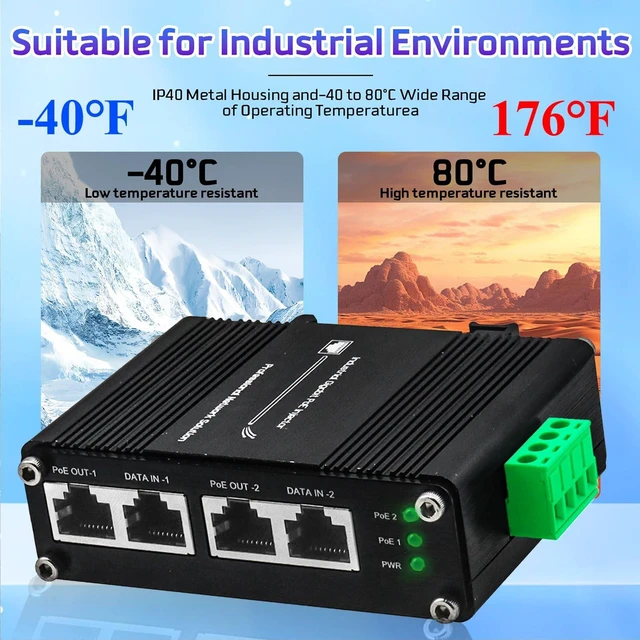 Alt view image 5 of 5 - xoxnikior Industrial 2-Port Gigabit PoE+ Injector, 60W 802.3at, DIN Rail